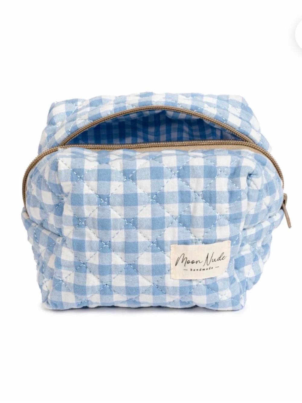 Moon Nude Light Blue Gingham Quilted Cosmetic Bag